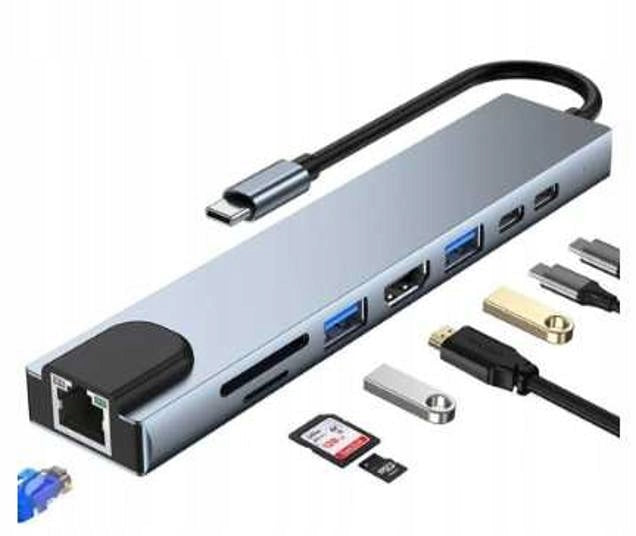 USB-C šakotuvas „Mobes“ 8 in 1: HDMI 4K, 2× USB, SD, RJ-45