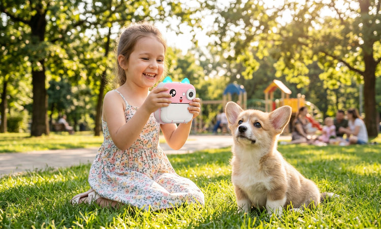 Vaikiškas skaitmeninis fotoaparatas su momentiniu spausdinimu + 13 popieriaus ritinėlių, rožinis
