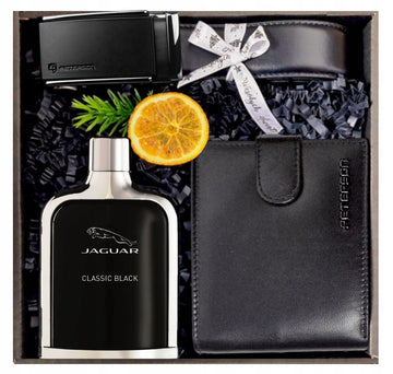 Kalėdinė dovana vyrui - odinis piniginės ir diržo rinkinys + Jaguar kvepalai