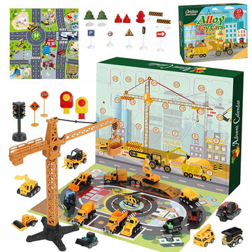 Advento kalendorius vaikams 2025 – 24 dienų kalėdinis rinkinys su metaliniais automobiliais ir statybinėmis mašinėlėmis