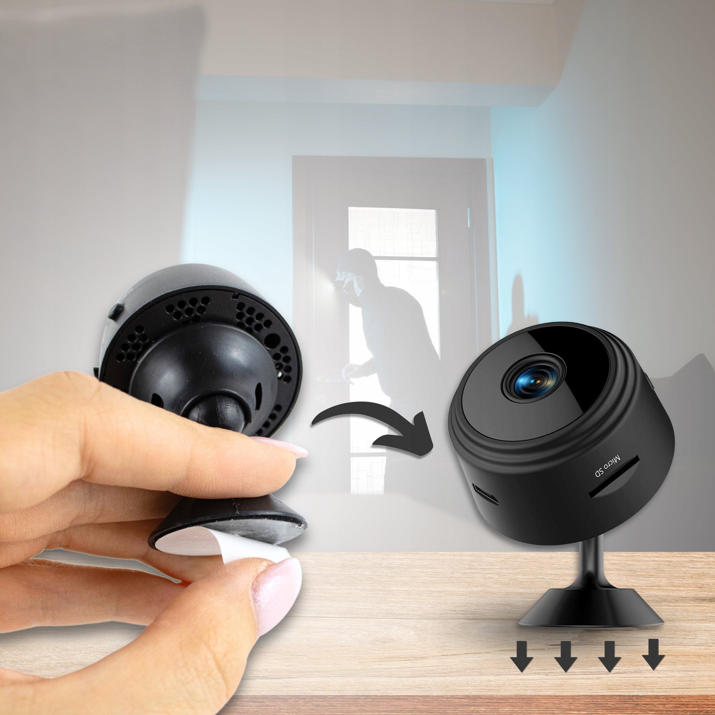 Mini slapta kamera WiFi Full HD su paslėptu judesio aptikimu ir Nanny funkcija + laikiklis
