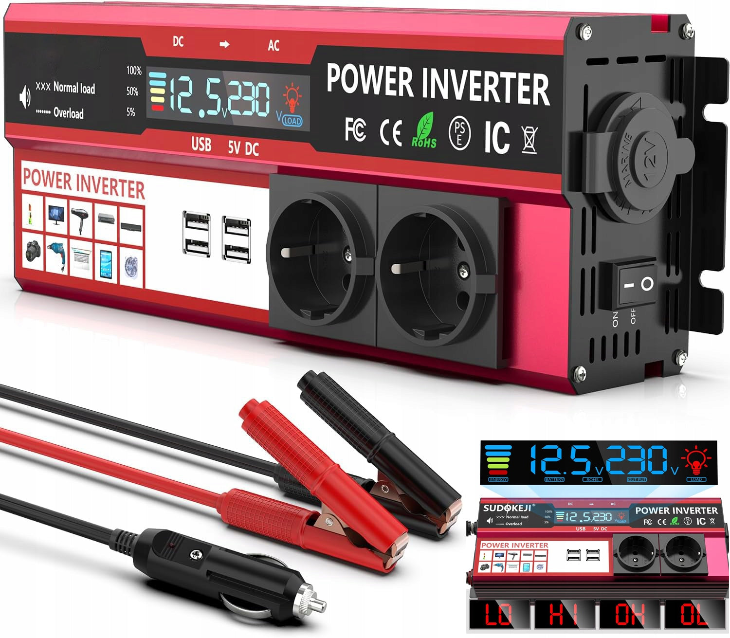 Automobilinis įtampos keitiklis su LCD ekranu 12v → 230v, 500w / 1000w, 4 x USB, 2 lizdai, cigarečIų jungtis