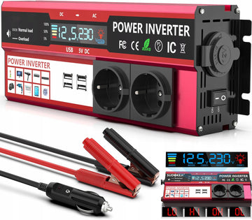 Automobilinis įtampos keitiklis su LCD ekranu 12v → 230v, 500w / 1000w, 4 x USB, 2 lizdai, cigarečIų jungtis