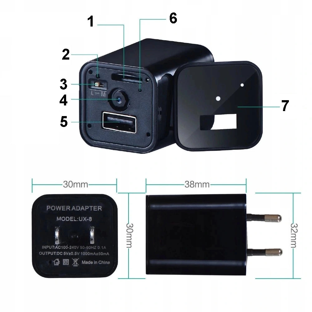 USB įkroviklis su paslėpta slapta kamera – mini stebėjimo prietaisas