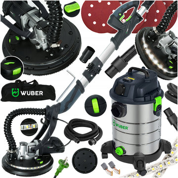 WUBER 1500W Gipskartonio šlifuoklis su dvigubu LED apšvietimu + 2300W pramoninis dulkių siurblys