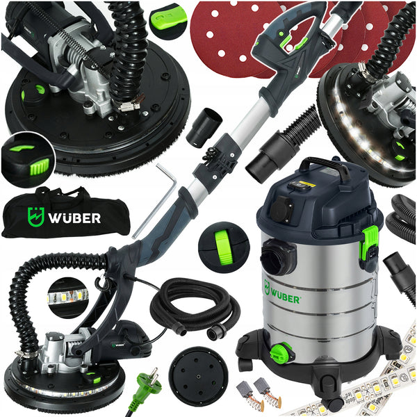 WUBER 1500W Gipskartonio šlifuoklis su dvigubu LED apšvietimu + 2300W pramoninis dulkių siurblys