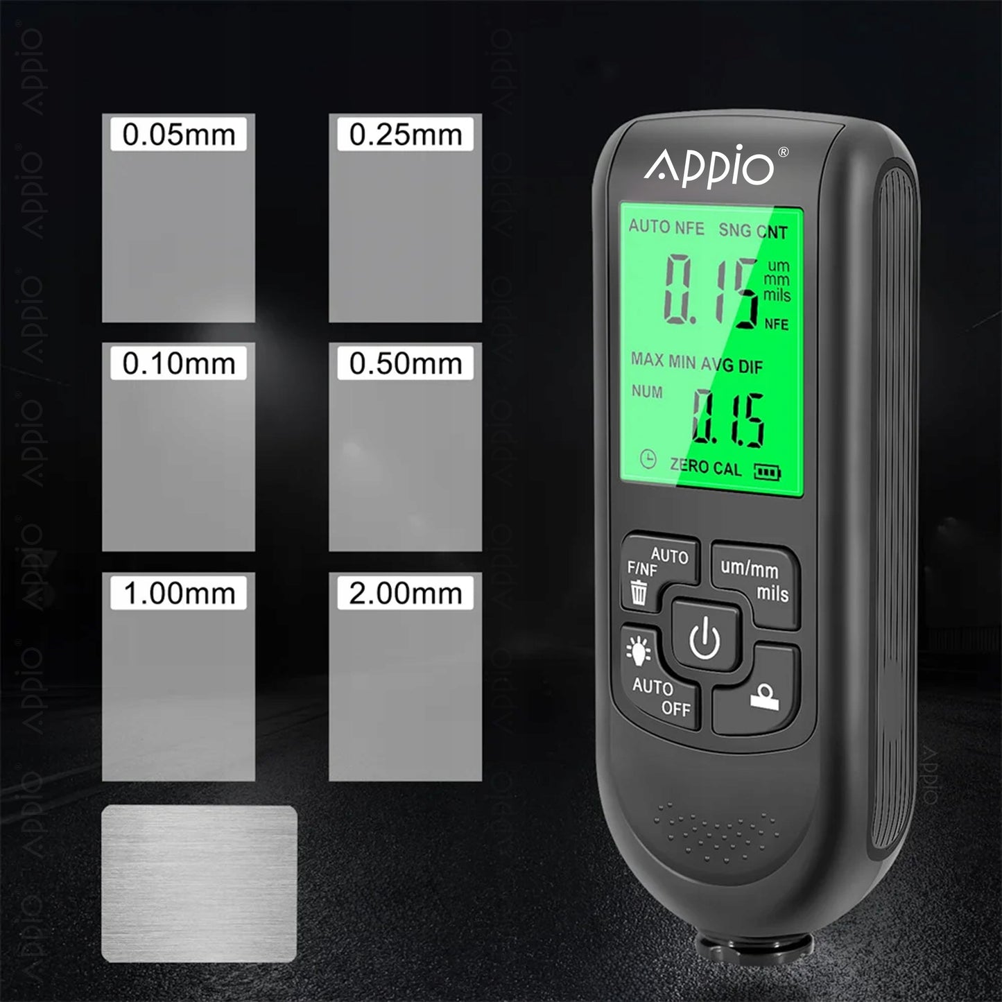 Dažų storio matuoklis su LCD ekranu 0–2000 µm APPIO