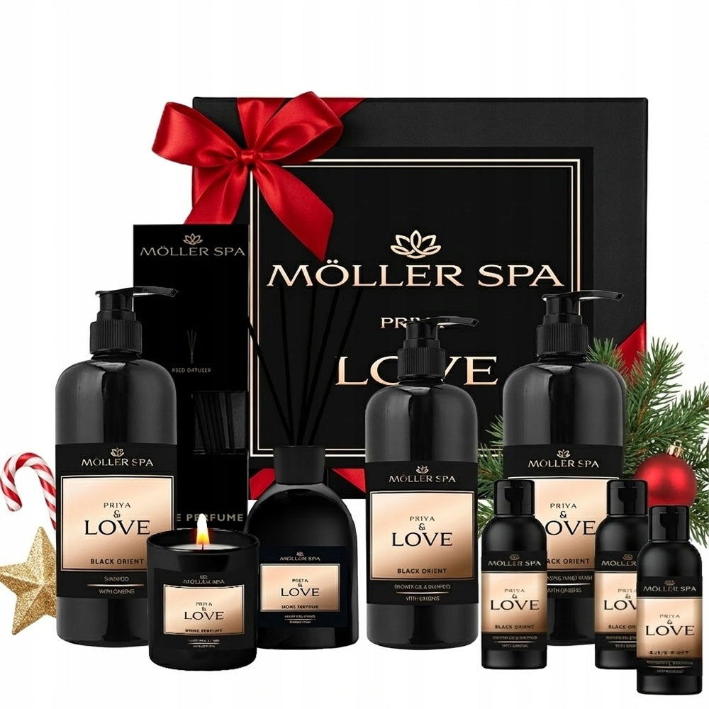 Priya & Love dovanų rinkinys – žvakė, difuzorius, dušo geliai ir kosmetika