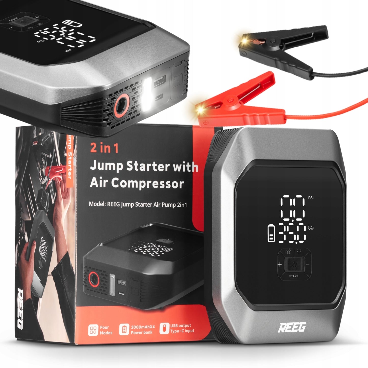 REEG Jump Starter- Booster , akumuliatoriaus paleidejas su oro kompresoriumi – 2in1