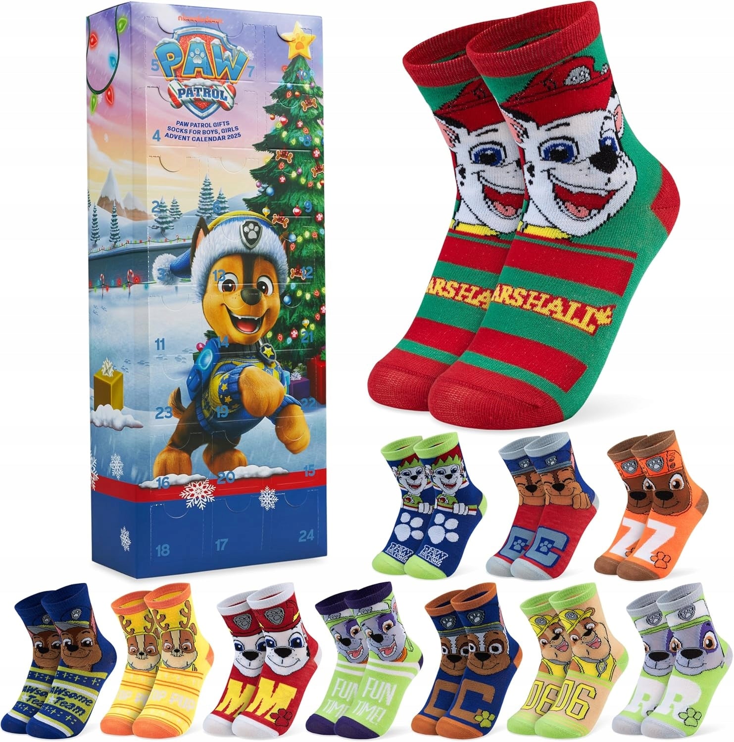 Vaikiškas advento kalendorius – 24 poros „Paw Patrol“ kojinių – kalėdinė dovana vaikams
