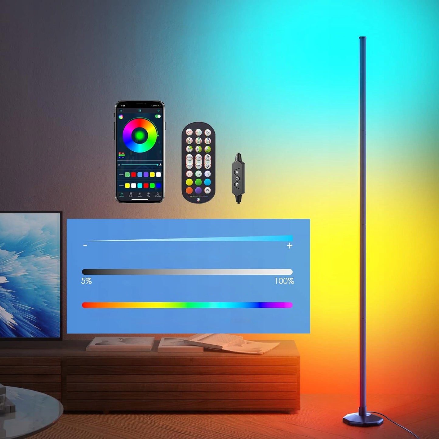 RGB LED kampinė lempa su nuotolinio valdymo pultu ir muzikos funkcija