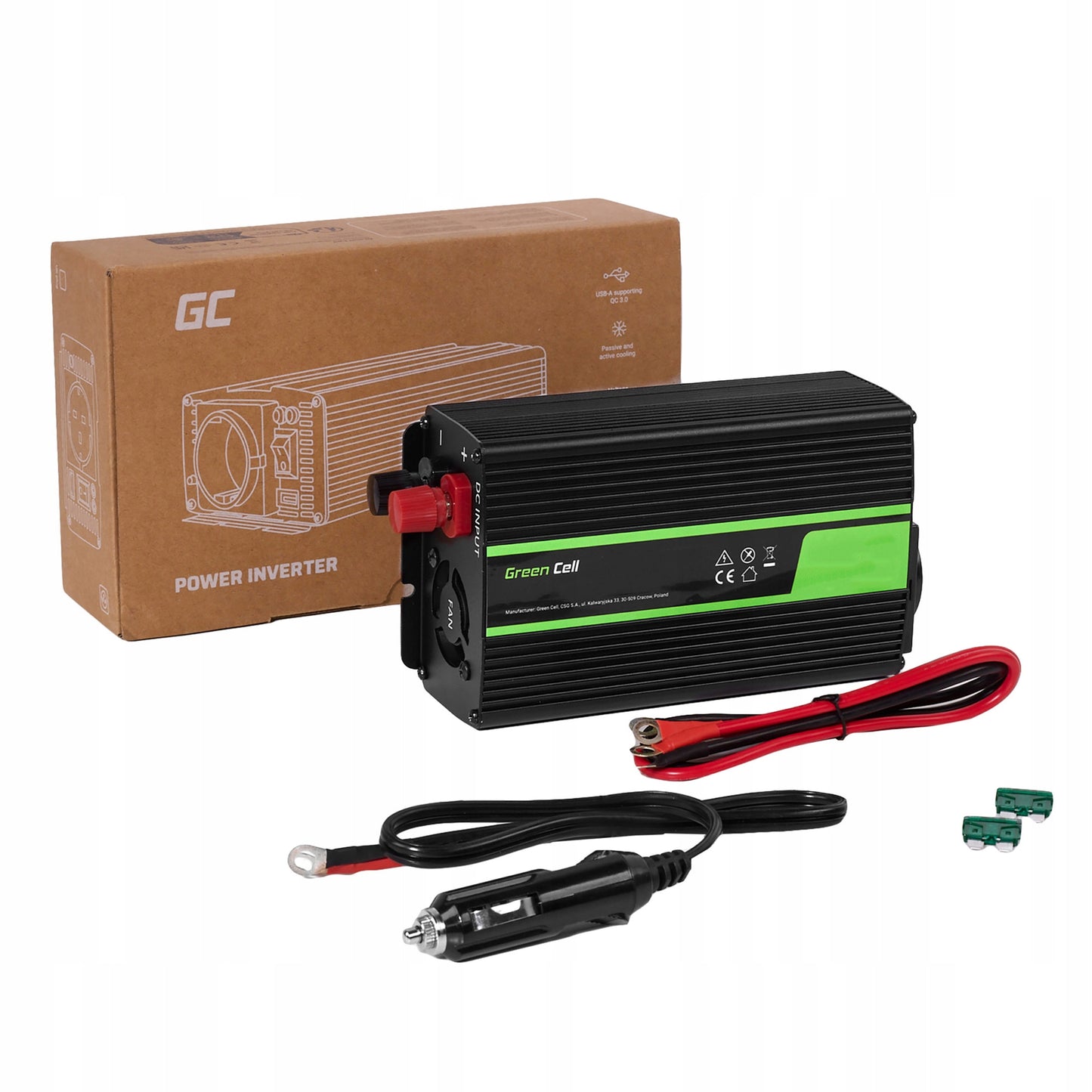 Automobilinis įtampos keitiklis (inverteris) 12v → 230v, 500w / 1000w, modifikuota sinuso banga, su USB – Green Cell