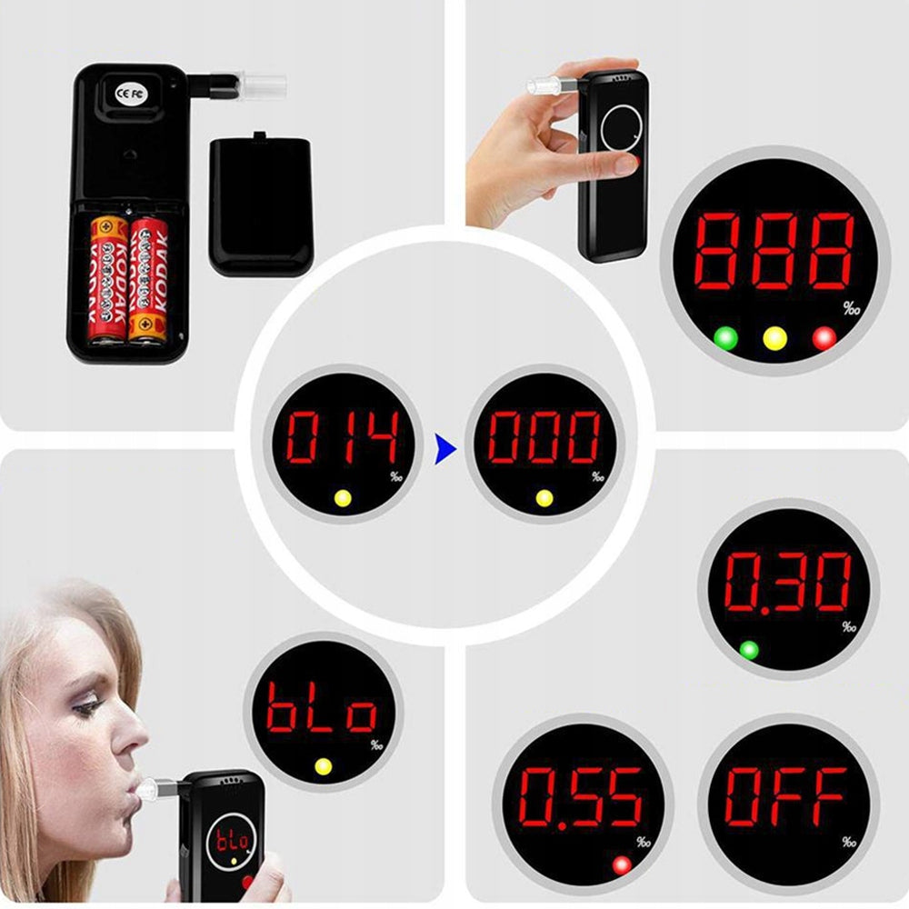Nešiojamas alkotesteris su LED ekranu + 12 antgalių + dėklas