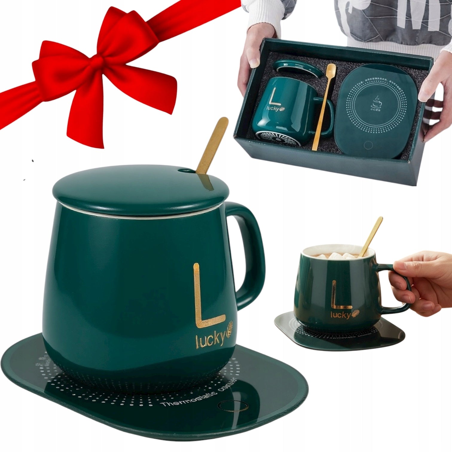 Elektrinis puodelio šildytuvas su keraminiu puodeliu – Kalėdinis dovanų rinkinys