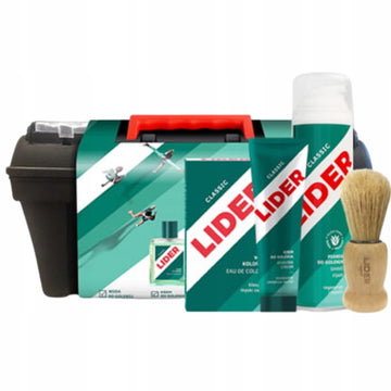 Lider vyrų skutimosi kosmetikos rinkinys – losjonas, kremas, putos ir šepetėlis dėžutėje