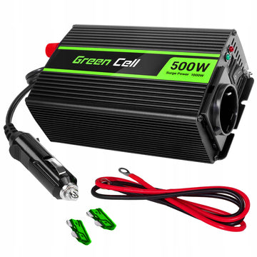 Automobilinis įtampos keitiklis (inverteris) 12v → 230v, 500w / 1000w, modifikuota sinuso banga, su USB – Green Cell