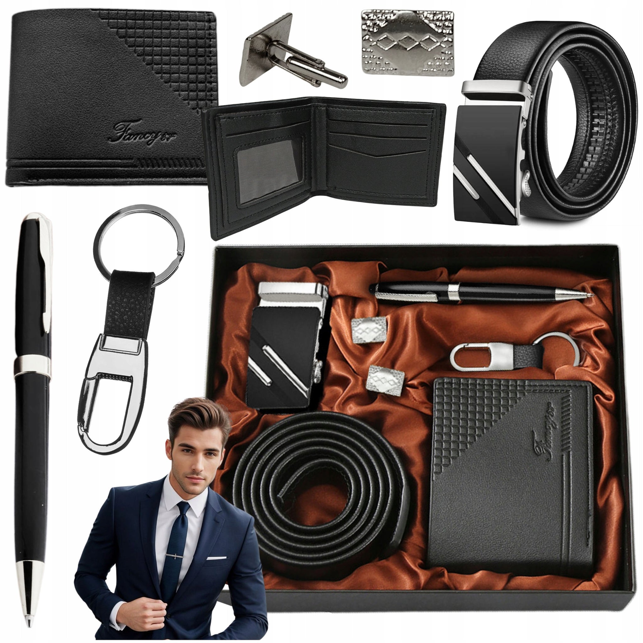 Dovanų rinkinys vyrui – piniginė, diržas, sąsagos, rašiklis ir raktų pakabukas