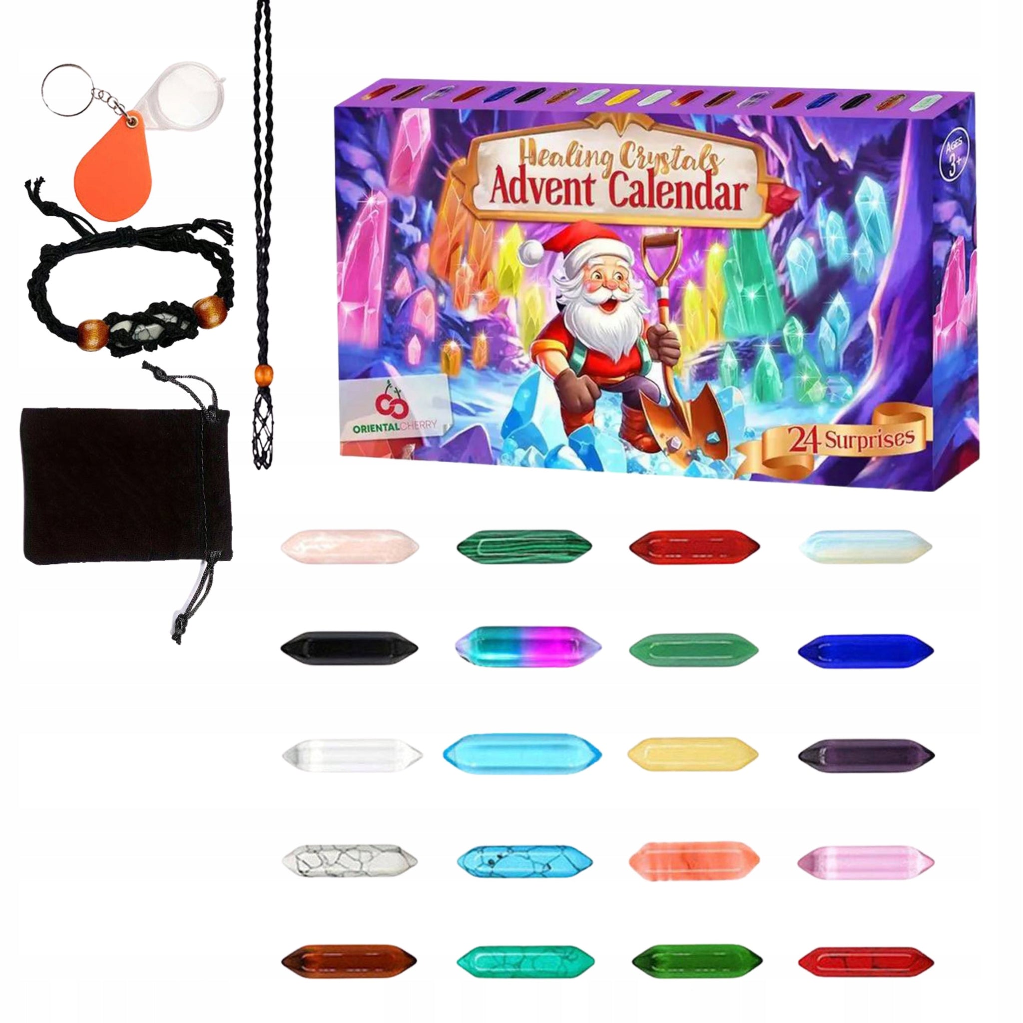 Advento kalendorius su akmenimis ir kristalais – 24 langeliai, 20 mineralų, papuošalų rinkinys ir lupa | ZETRON