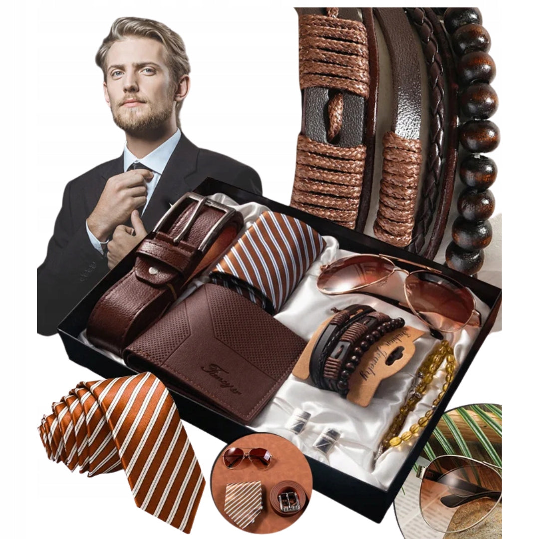 Vyriškas dovanų rinkinys – piniginė, diržas, akiniai, apyrankės, kaklaraištis, sąsagos