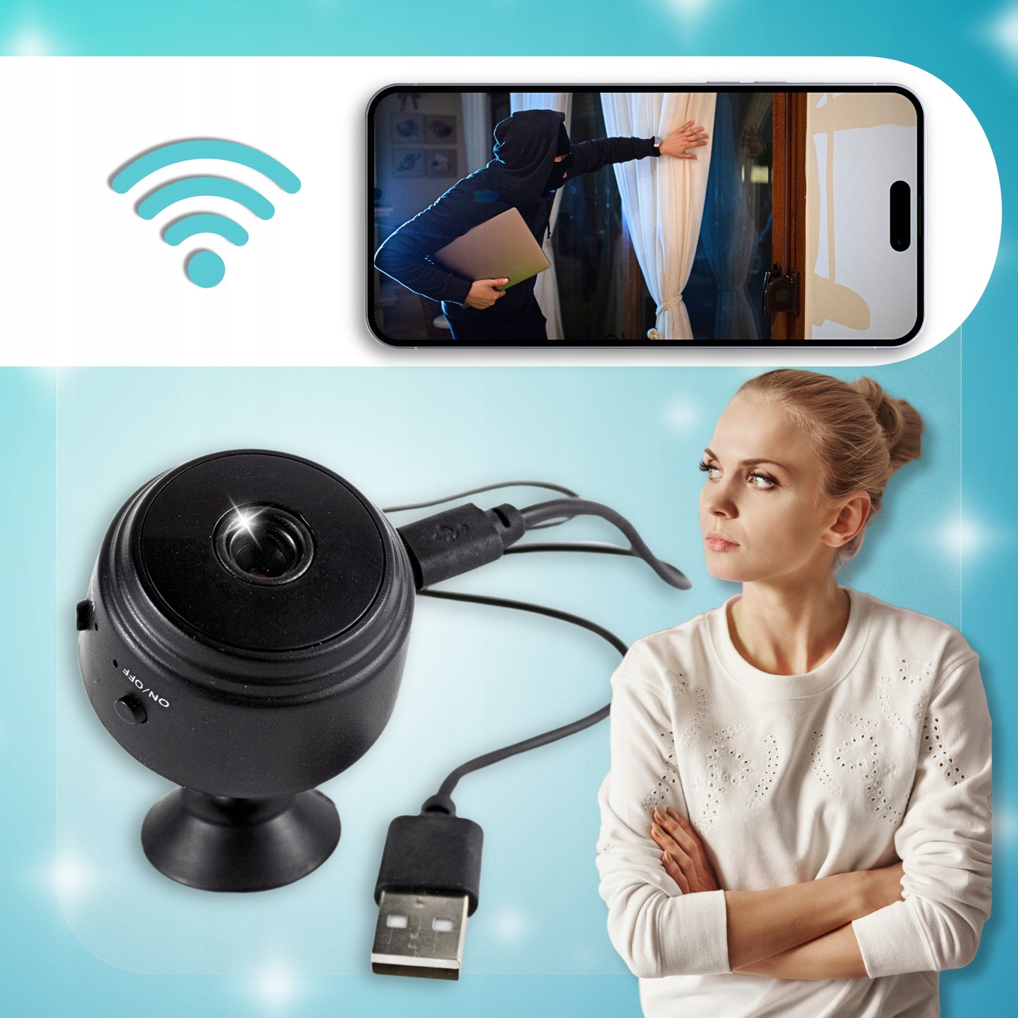 Mini slapta kamera WiFi Full HD su paslėptu judesio aptikimu ir Nanny funkcija + laikiklis