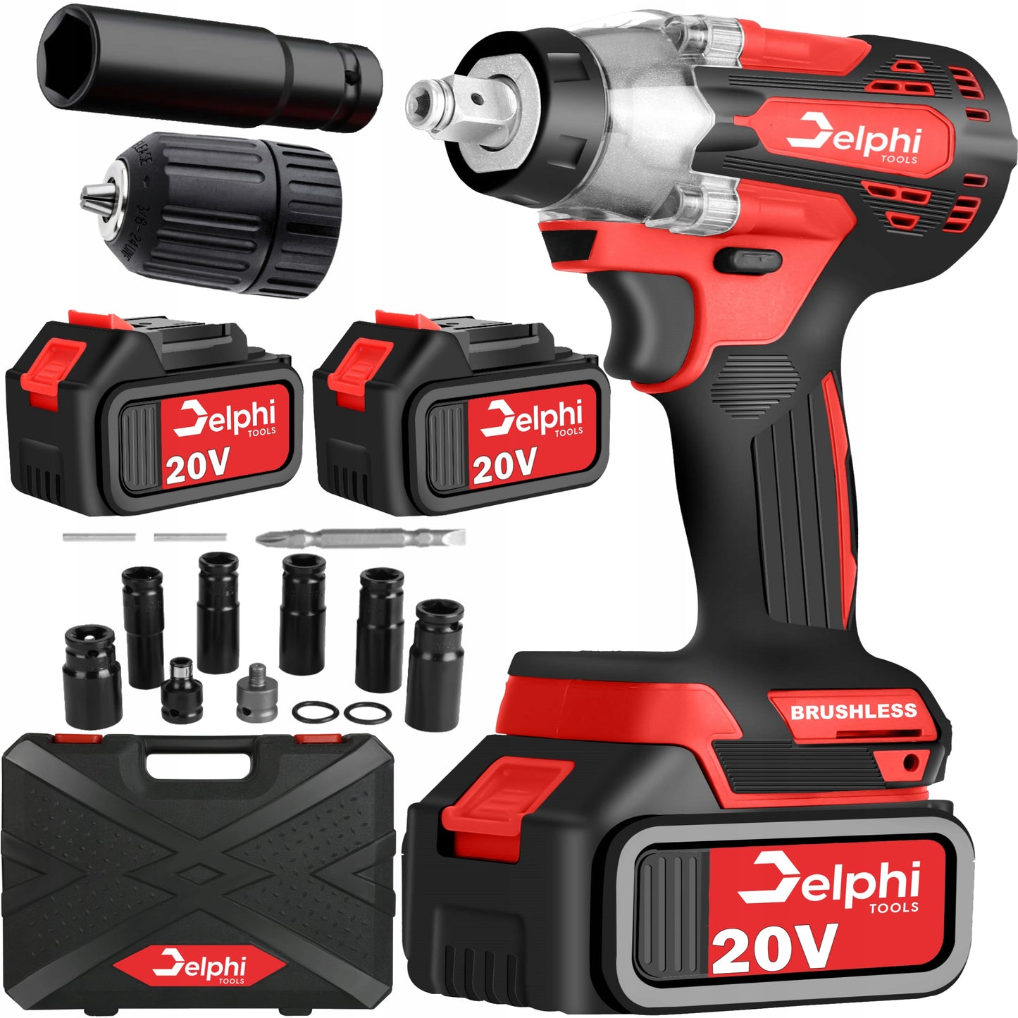 Akumuliatorinis bešepetėlinis smūginis raktas „Delphi Tools“ 20V, 1/2", 2 akumuliatoriai