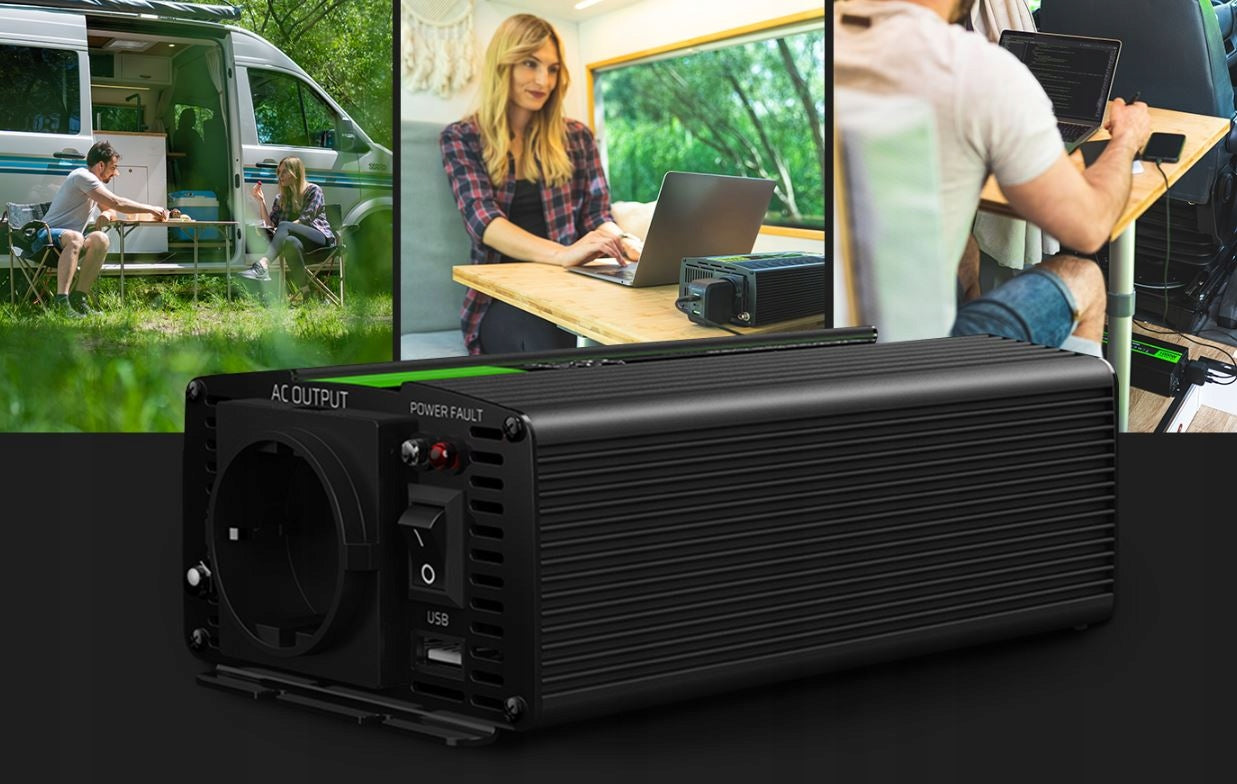 Automobilinis įtampos keitiklis (inverteris) 12v → 230v, 500w / 1000w, modifikuota sinuso banga, su USB – Green Cell