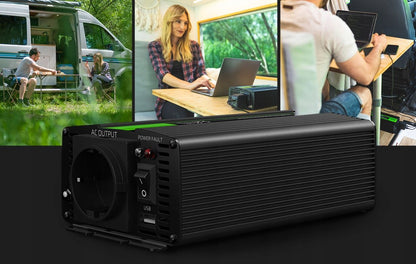 Automobilinis įtampos keitiklis (inverteris) 12v → 230v, 500w / 1000w, modifikuota sinuso banga, su USB – Green Cell