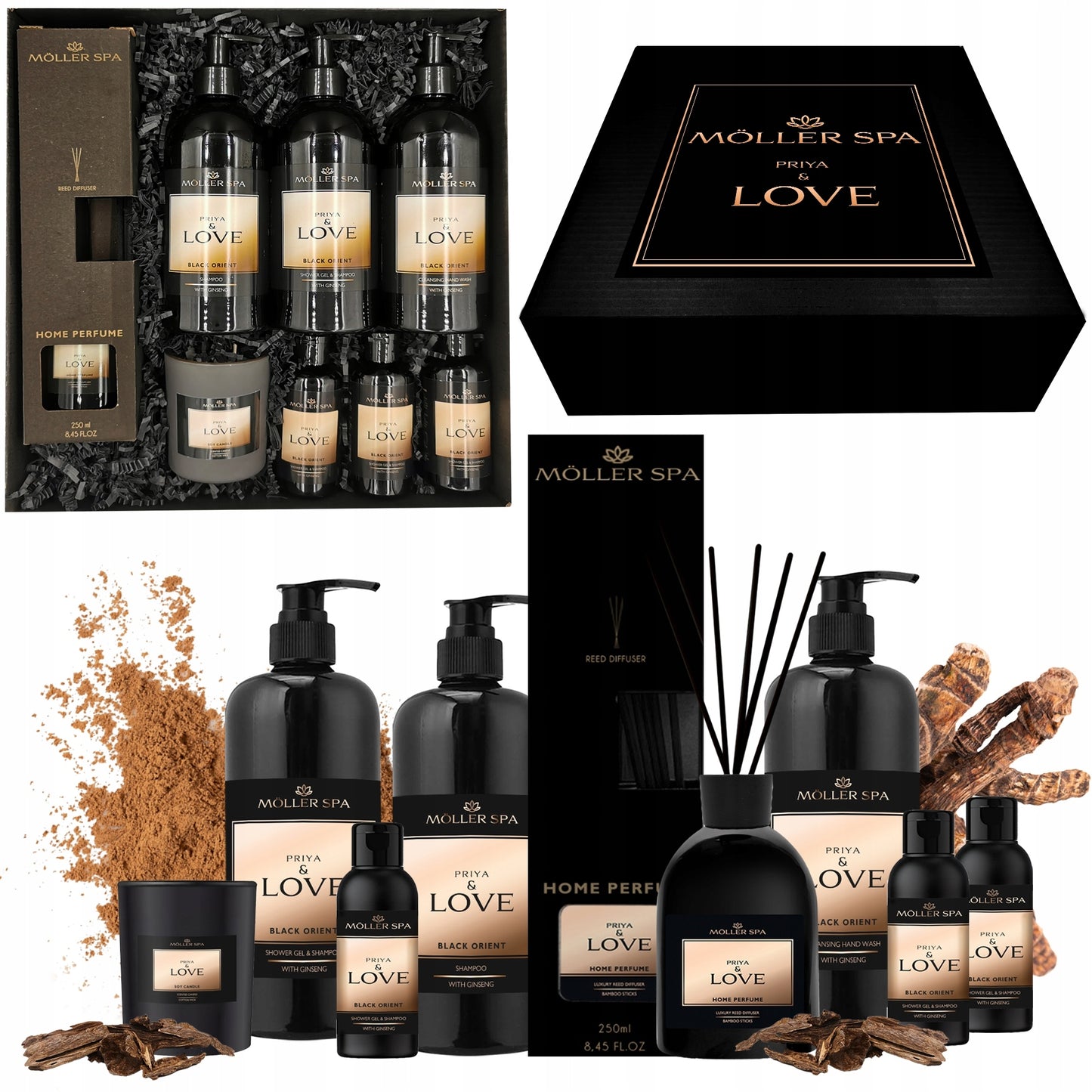 Priya & Love dovanų rinkinys – žvakė, difuzorius, dušo geliai ir kosmetika