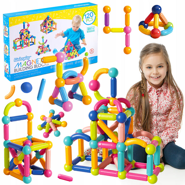 Magnetiniai konstruktoriaus blokeliai, edukacinis lazdelių rinkinys XXL, 120 vienetų "Kinderplay"
