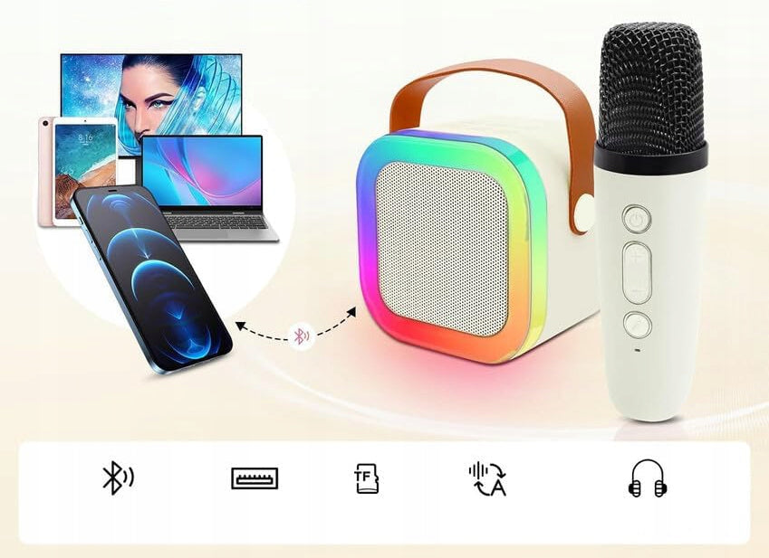 Karaoke rinkinys su 2 mikrofonais, garsiakalbiu, belaidžiu ryšiu, akumuliatoriumi ir „Bluetooth“ funkcija