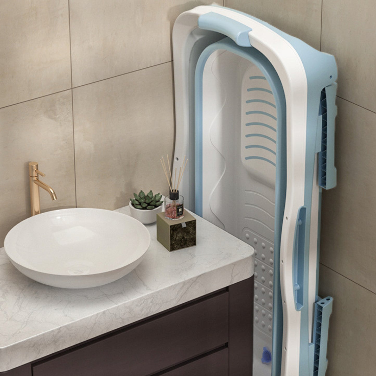 Sulankstoma mobili vonia su PVC dangčiu – 143 cm
