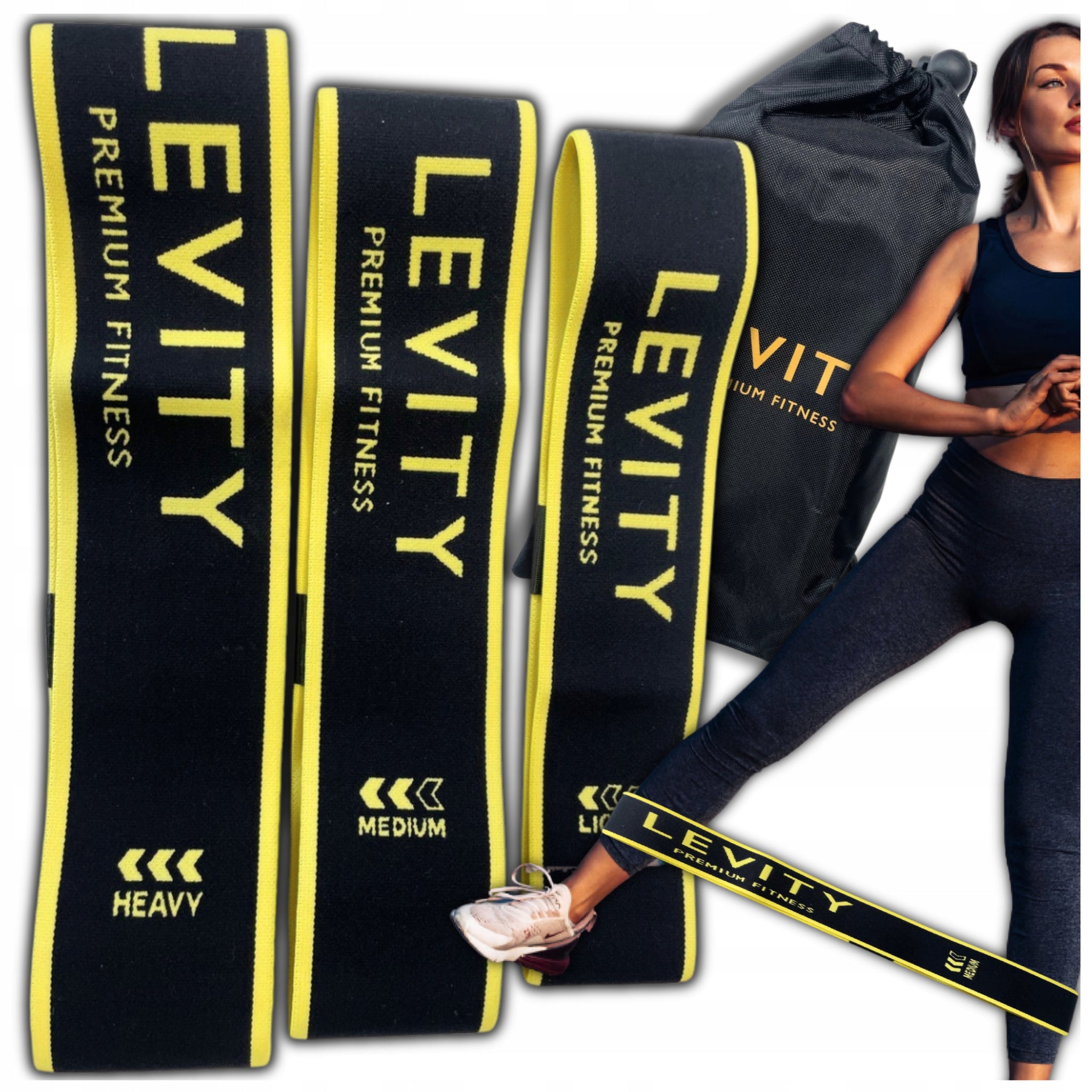 Trijų treniruočių gumų rinkinys Levity Band – audinio fitneso juostos su dideliu pasipriešinimu