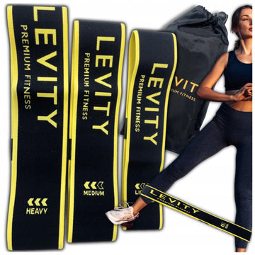 Trijų treniruočių gumų rinkinys Levity Band – audinio fitneso juostos su dideliu pasipriešinimu