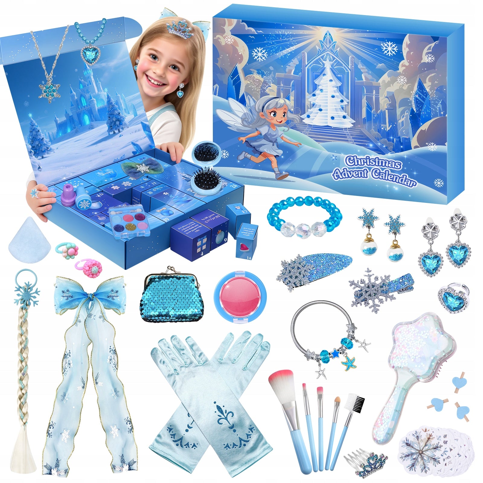 Advento kalendorius vaikams su plaukų aksesuarais ir žaisliniais papuošalais – 24 staigmenos (Snow serija)