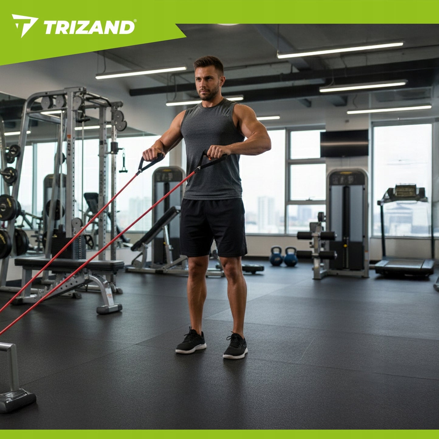 Treniruočių pasipriešinimo gumos 5 vnt. TRIZAND – iki 100 kg, ilgos treniruočių juostos su rankenomis ir kabliu durims