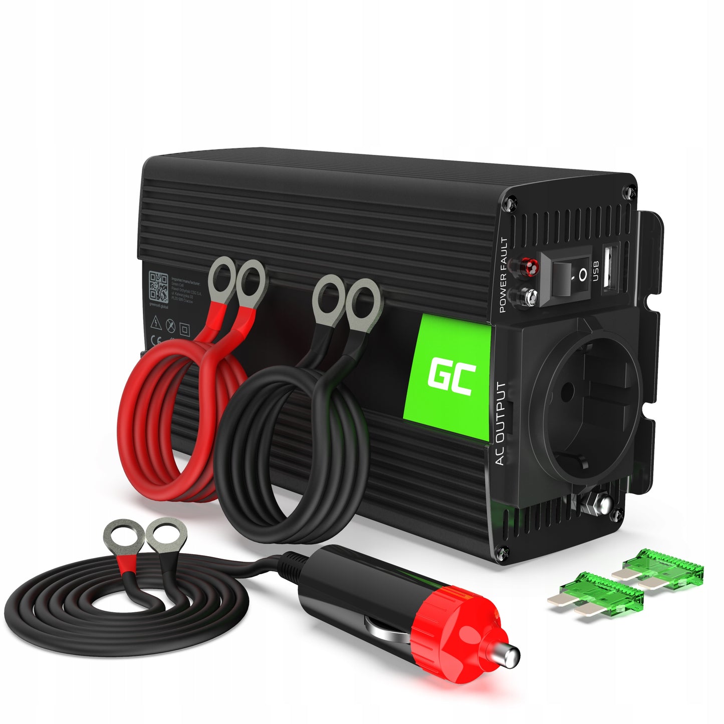 Automobilinis įtampos keitiklis (inverteris) 12v → 230v, 500w / 1000w, modifikuota sinuso banga, su USB – Green Cell
