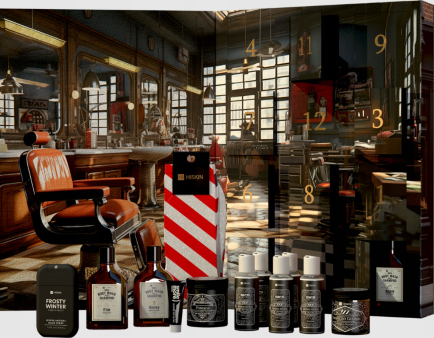 Advento kalendorius vyrams HiSkin su kosmetika ir kojinėmis – 12 elementų