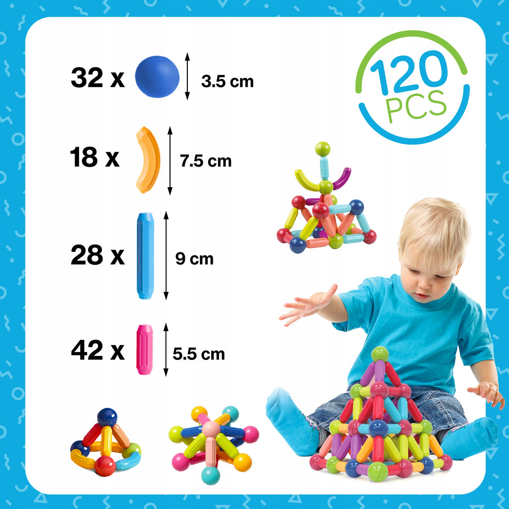 Magnetiniai konstruktoriaus blokeliai, edukacinis lazdelių rinkinys XXL, 120 vienetų "Kinderplay"