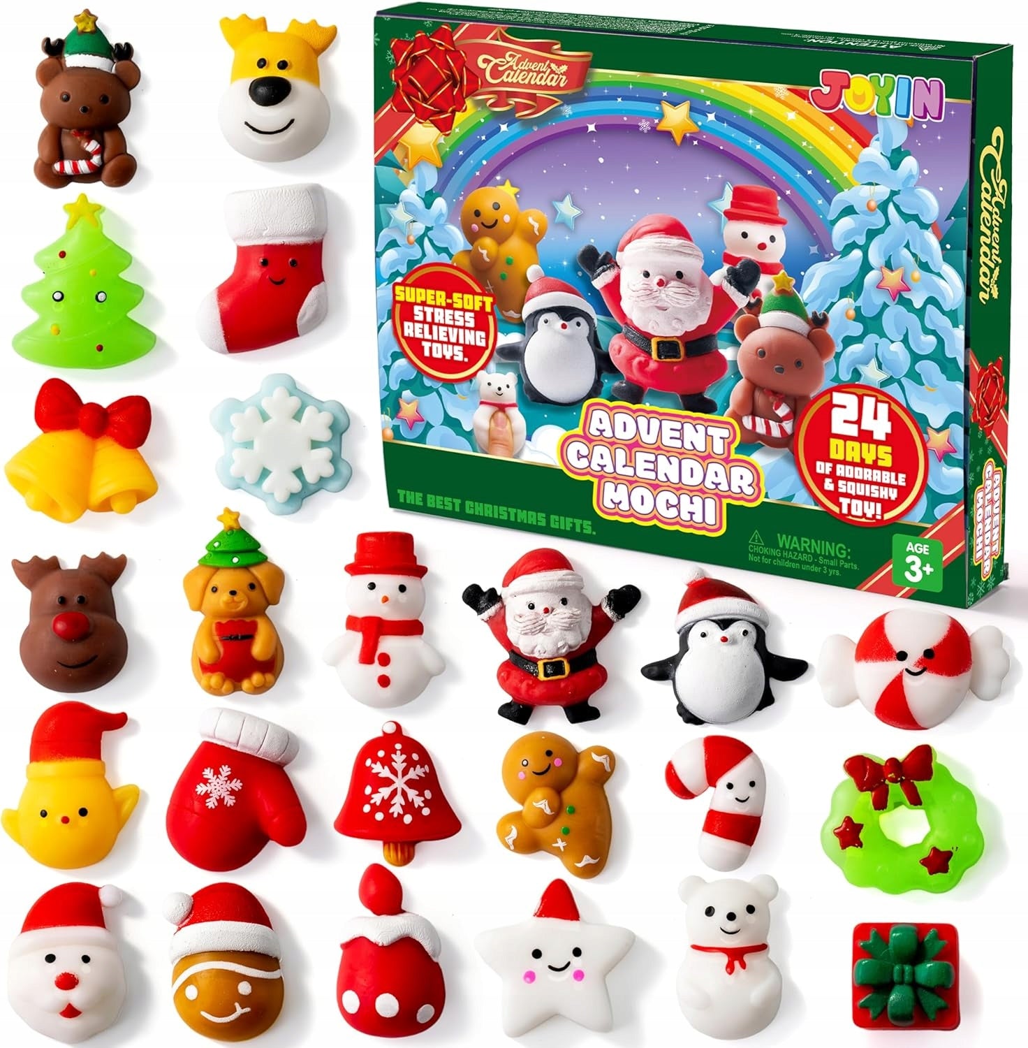 Advento kalendorius su kalėdinėmis figūrėlėmis JOYIN 2025 – didelis rinkinys su 24 minkštomis mochi figūrėlėmis